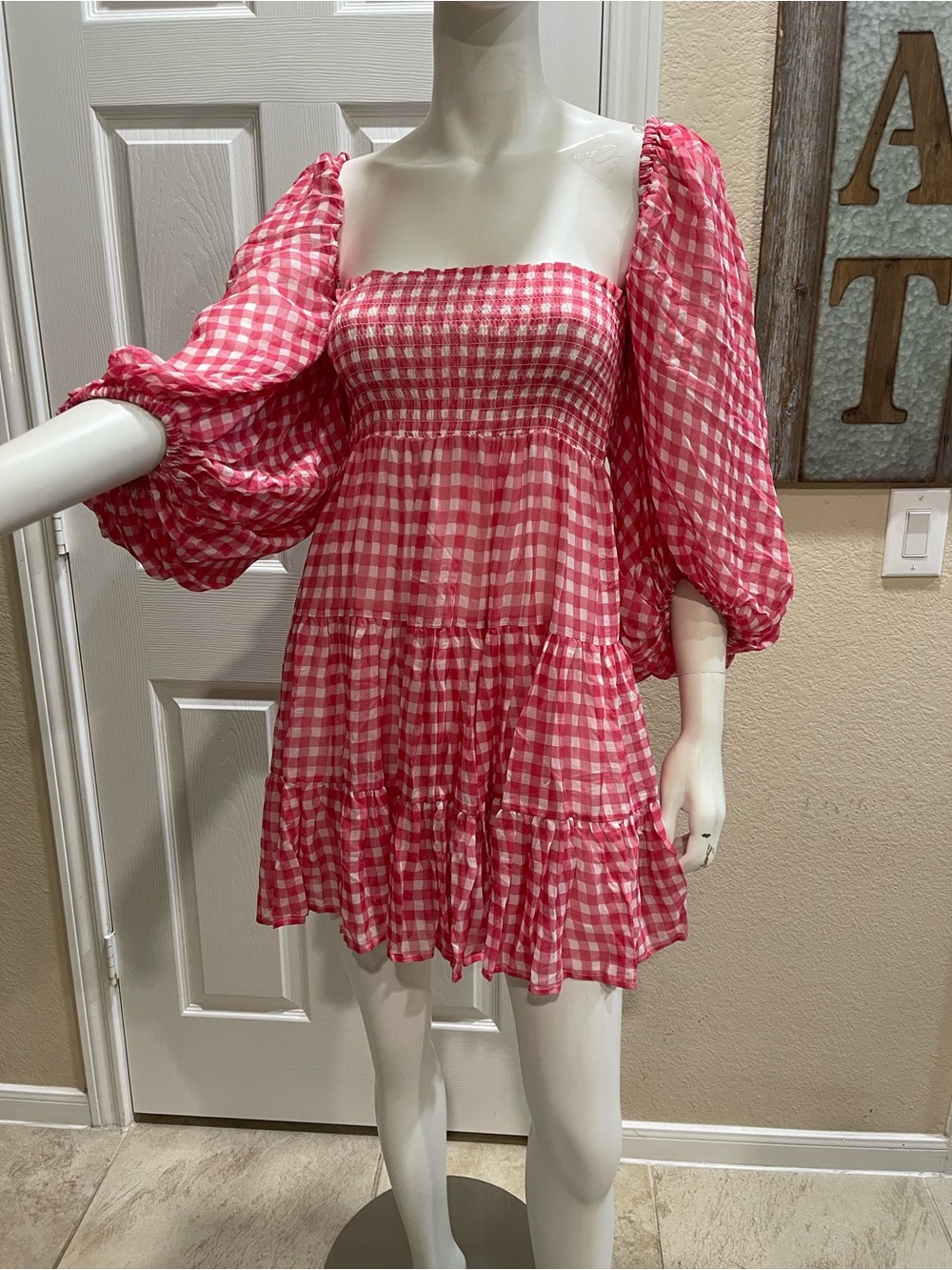 Sundress Paris Solene Mini – Red Gingham Off‑Shoulder Smocked Dress XS/S NWOT